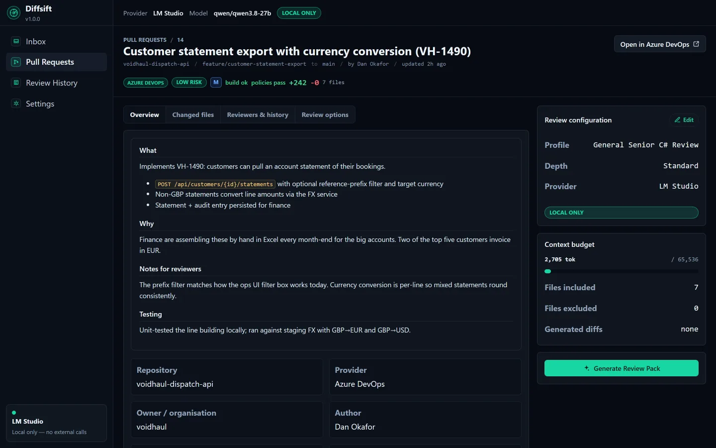 Diffsift pull request detail with review depth options and file coverage